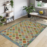 Flat Weave Kilim Antique Navaho Vintage handmade Modern Kilim Beige Blue Hand-Woven Rectangle 100% Wool Area Rug 6x8